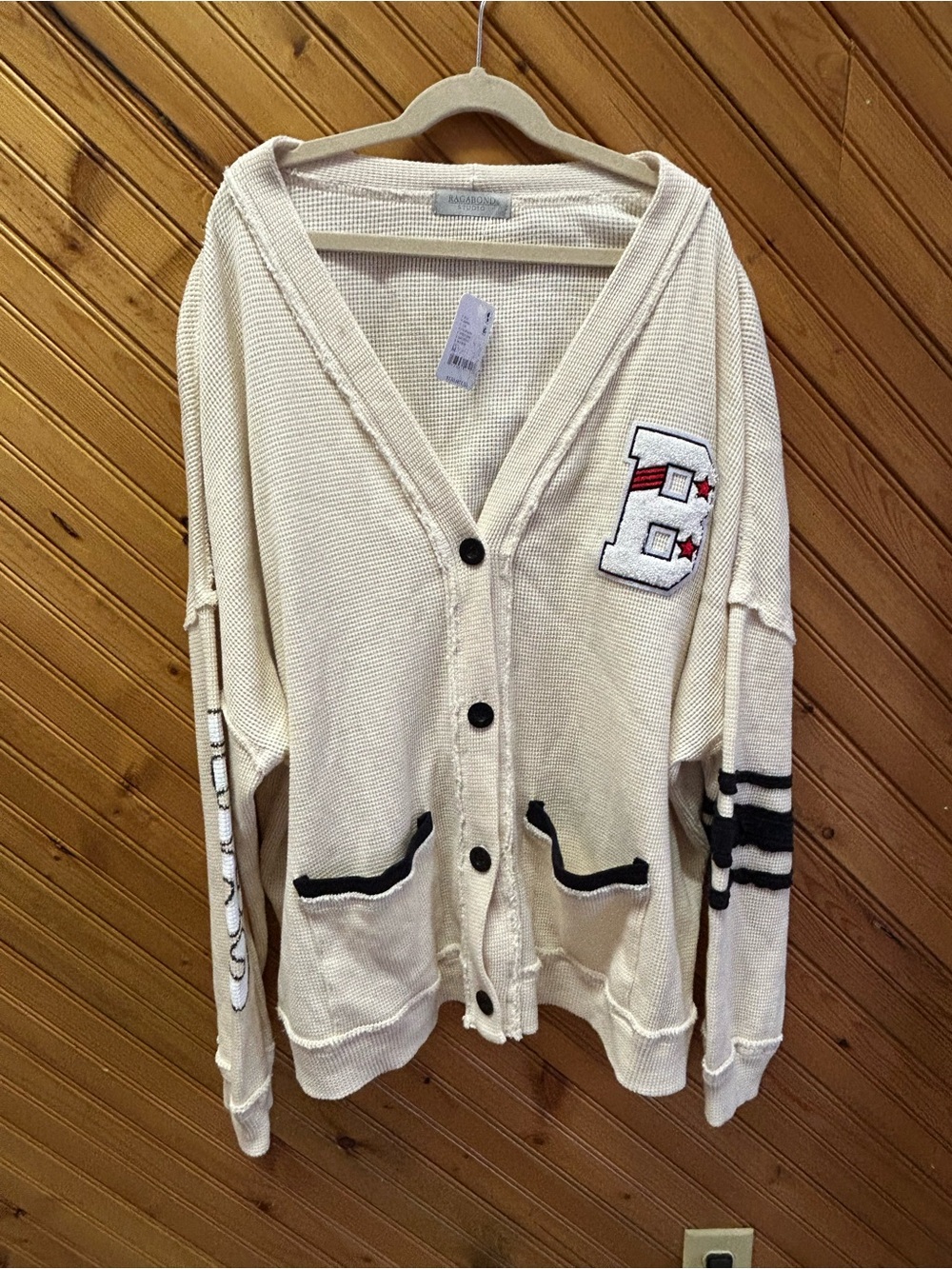 RAGA Cream Knit Cardigan with Black Trim and Patch
